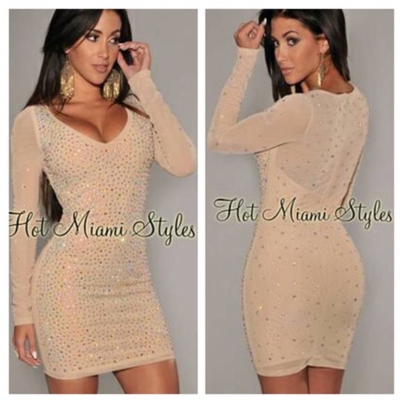 Hot Miami Styles Nude Rhinestone Mini Dresssz. Sm